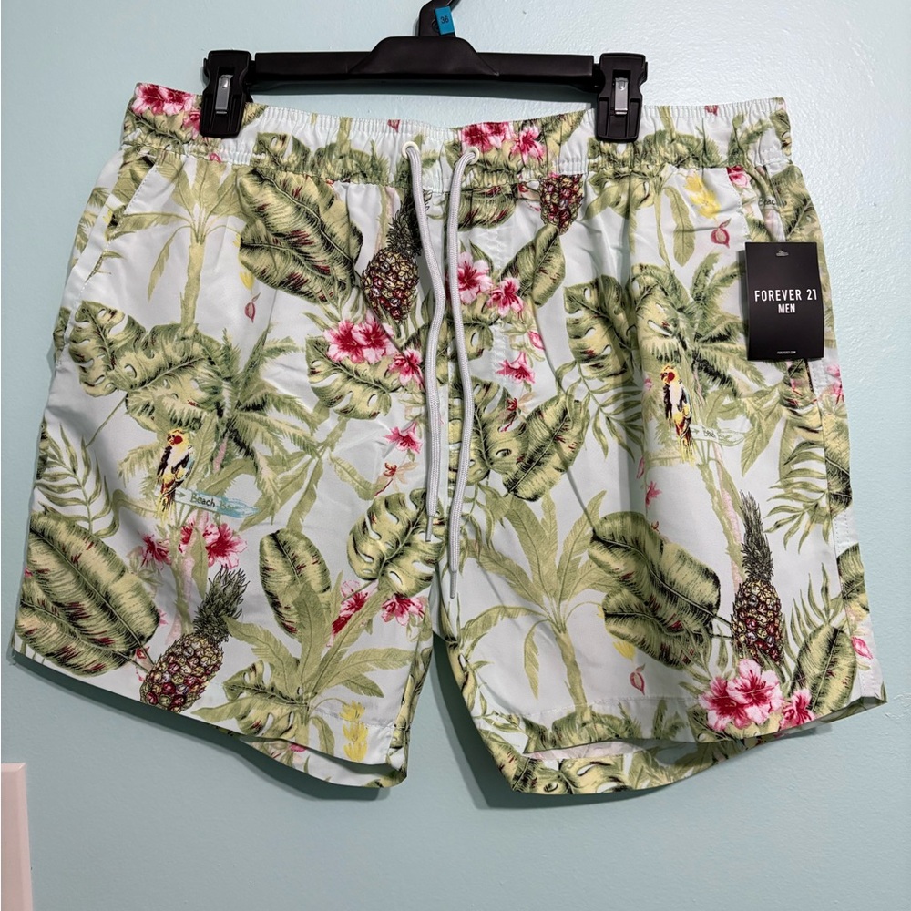 Forever 21 Men's Leaf and Floral Swim Trunks - Green and Pink